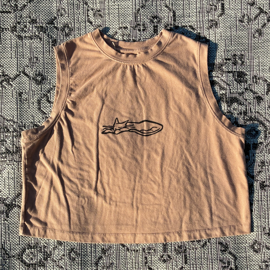 Sleepy Kitty Brown Cropped Tank Top Large