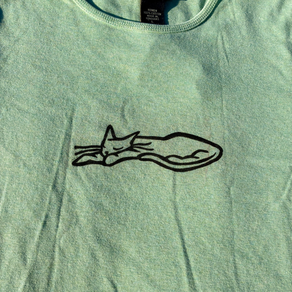 Sleepy Kitty Teal Green Tee Large