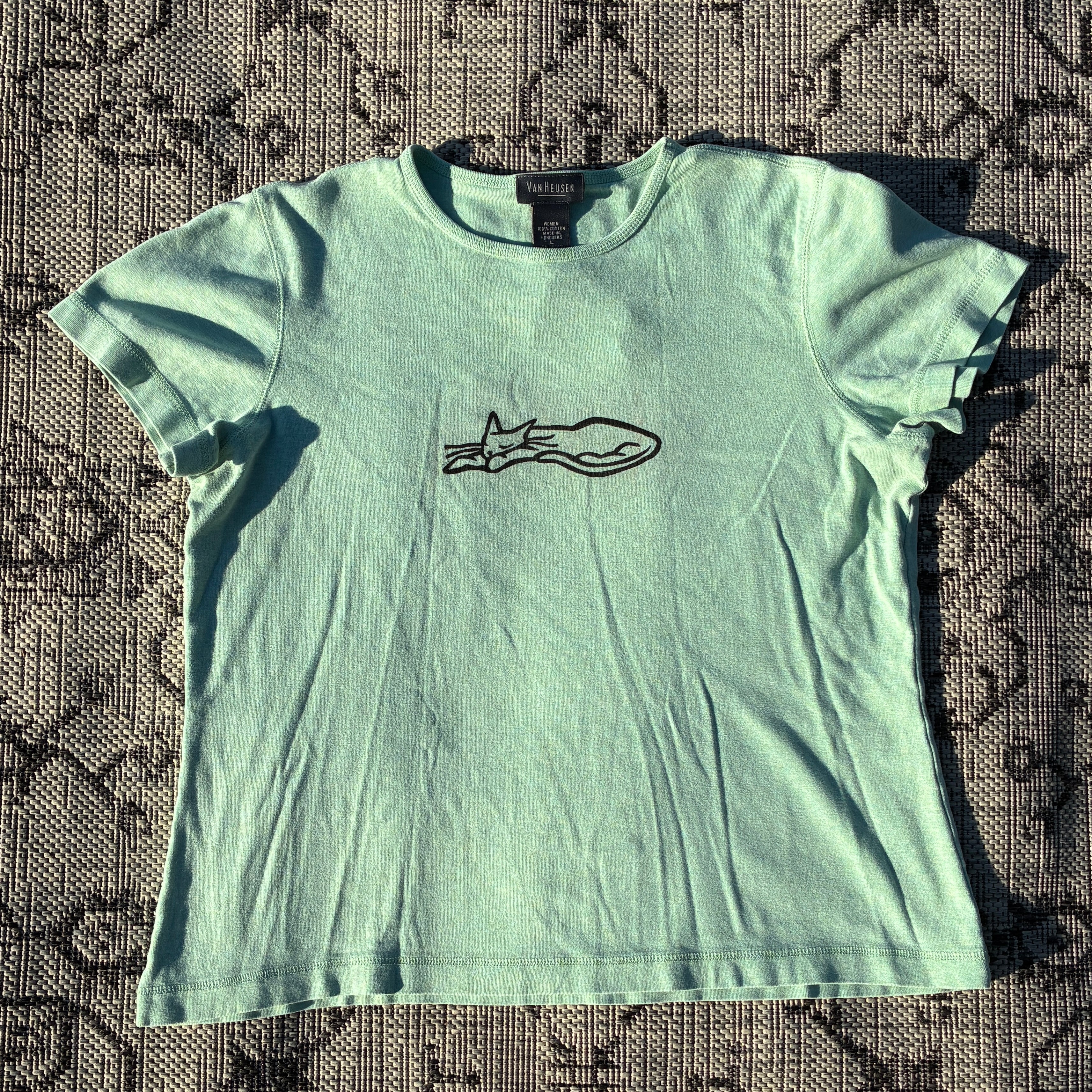 Sleepy Kitty Teal Green Tee Large